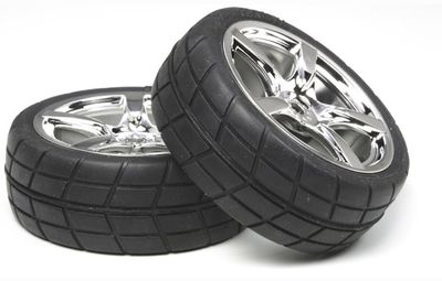 Tamiya verchroomde 5-spaakvelgen met gekleefde banden (24mm/offset0) [ T53955 ]