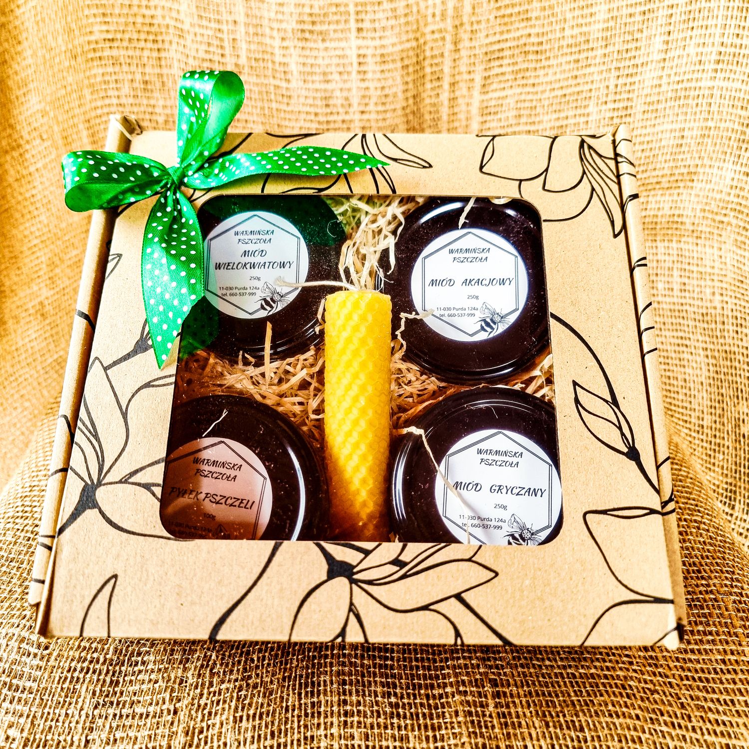 Zestaw 4 x mały miód tradycyjny ze świecą z wosku pszczelego