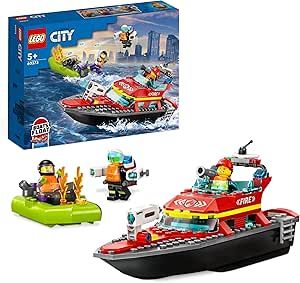 LEGO 60373 City Fire Barca di Soccorso Antincendio dei Vigili del Fuoco, Nave Giocattolo Galleggiante con Gommone di Salvataggio e Minifigure