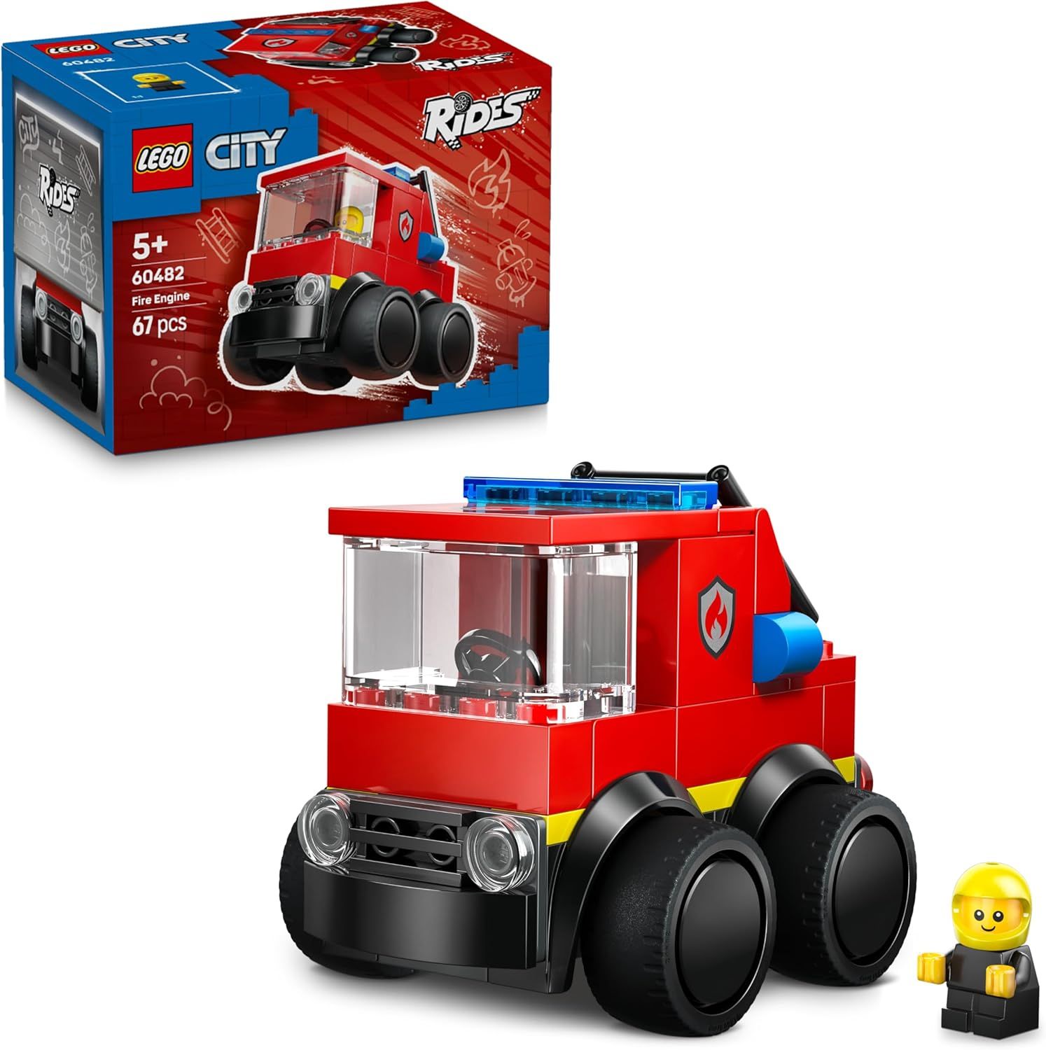 LEGO City Rides – Fire Engine Toy - Emergency Vehicles Building Set w/a Firefighter Junior Minifigure - Party Bag Fillers - Small Collectible Gift for 5+ Year Old Boys - 60482