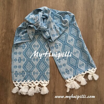 Rebozo de telar azul claro - blanco