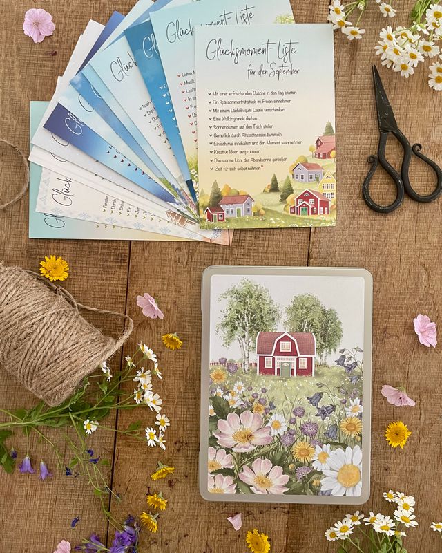 Geschenkset Jahresbegleiter – 12 Monats-Postkarten mit Postkartendose „Sommerwiese“