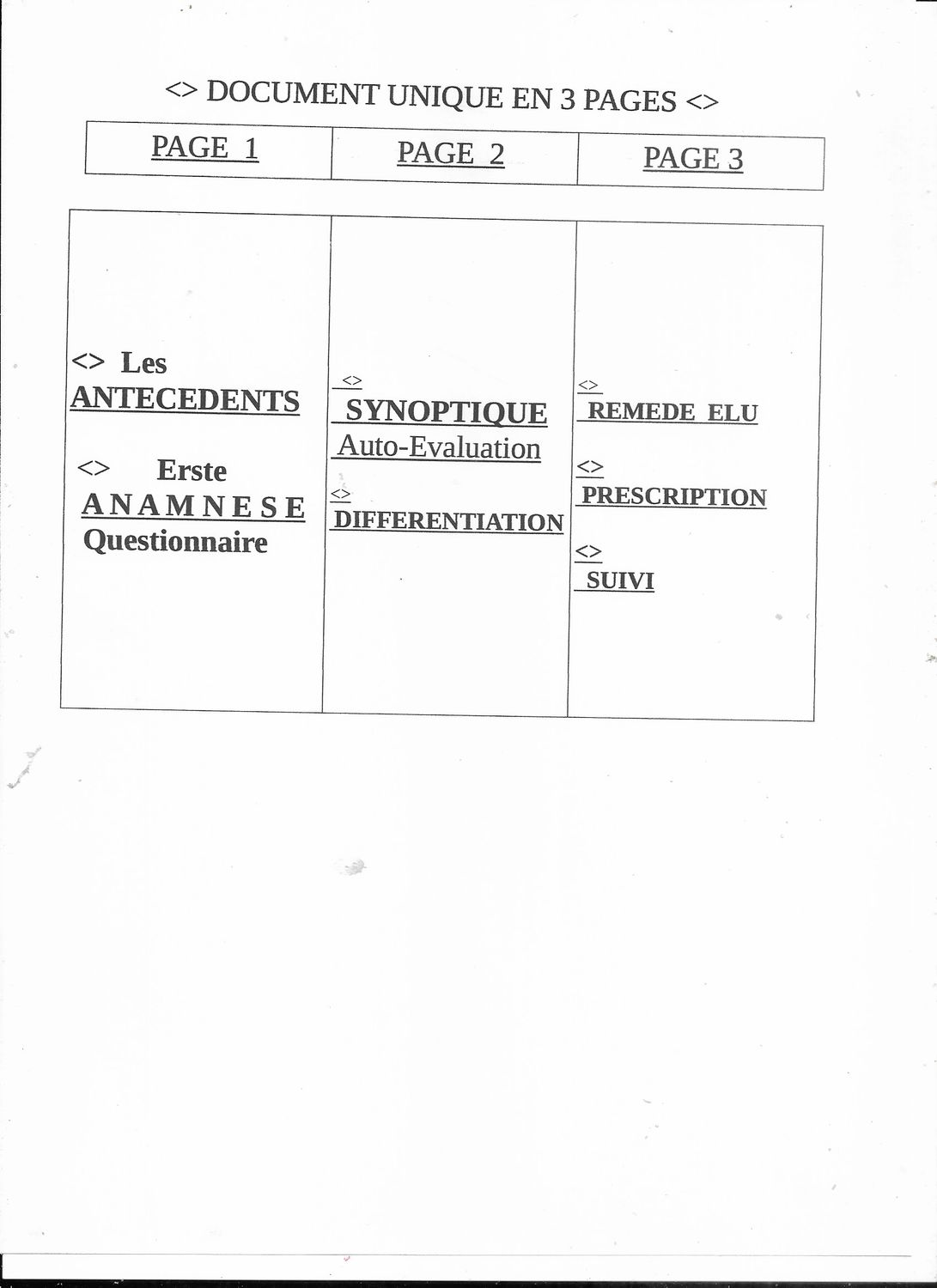 Document Unique | 6 pages | Erste Anamnèse Questionnaire  + Synoptique Evaluation + Différentiation + Choix et Prescription