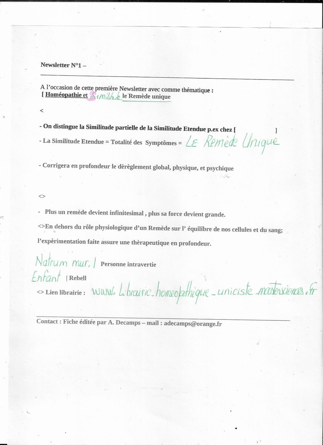 Abonnement à la Newsletter | HomeoNewsSimilitude | issue N°1 | Homéopathie et Similitude - le Remède unique