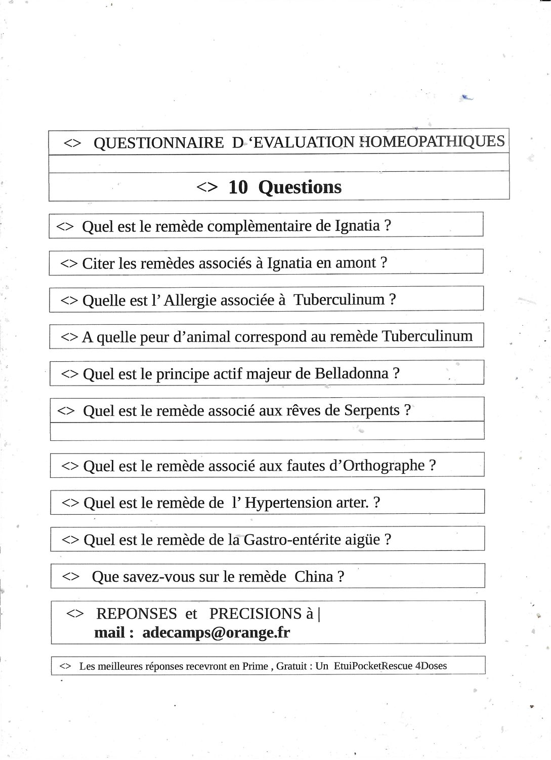 1A | Questionnaire Evaluation Homéopathique | 10 questions