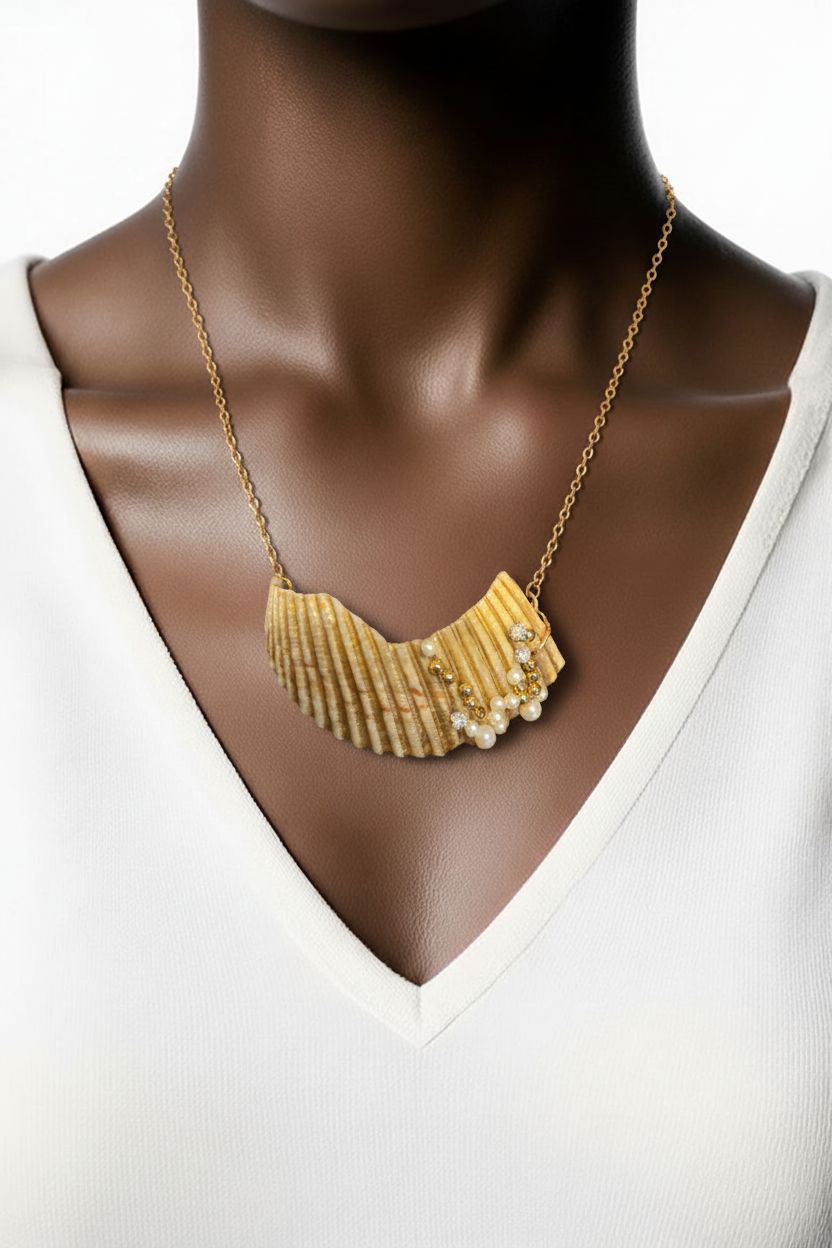 Shell Fragment Statement Necklace with Faux Pearls
