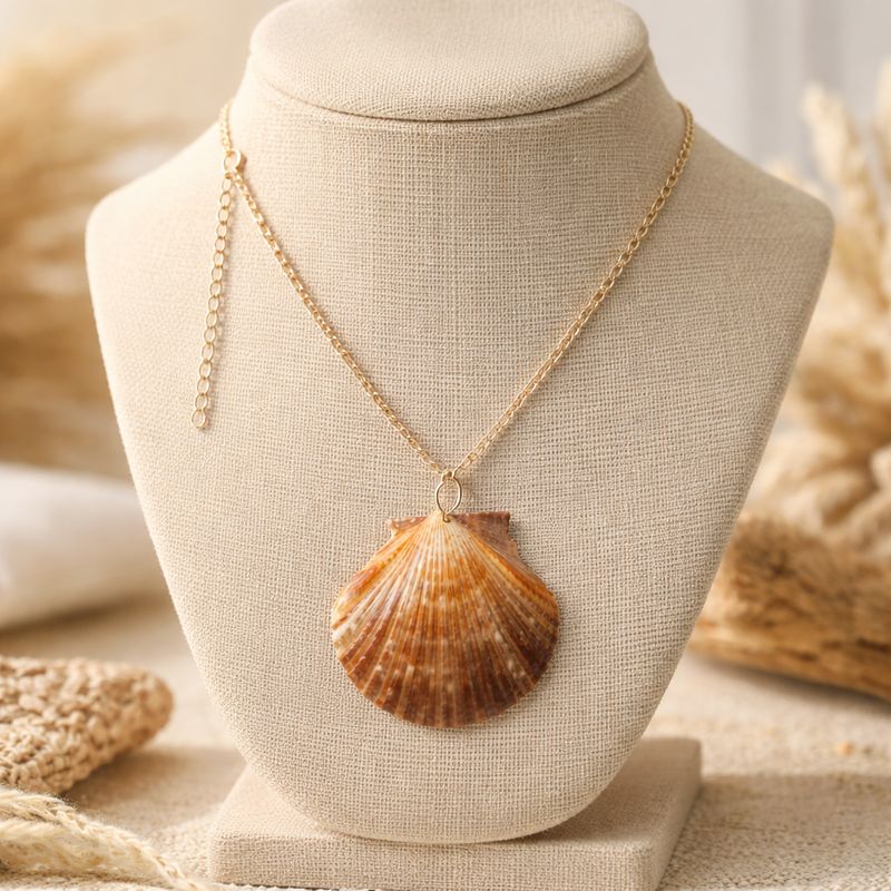 Large Brown Scallop on Stainless Silver Chain