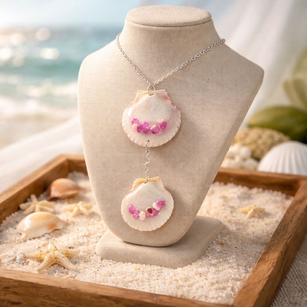 Double Scallop Drop Pendant with Glass Beads