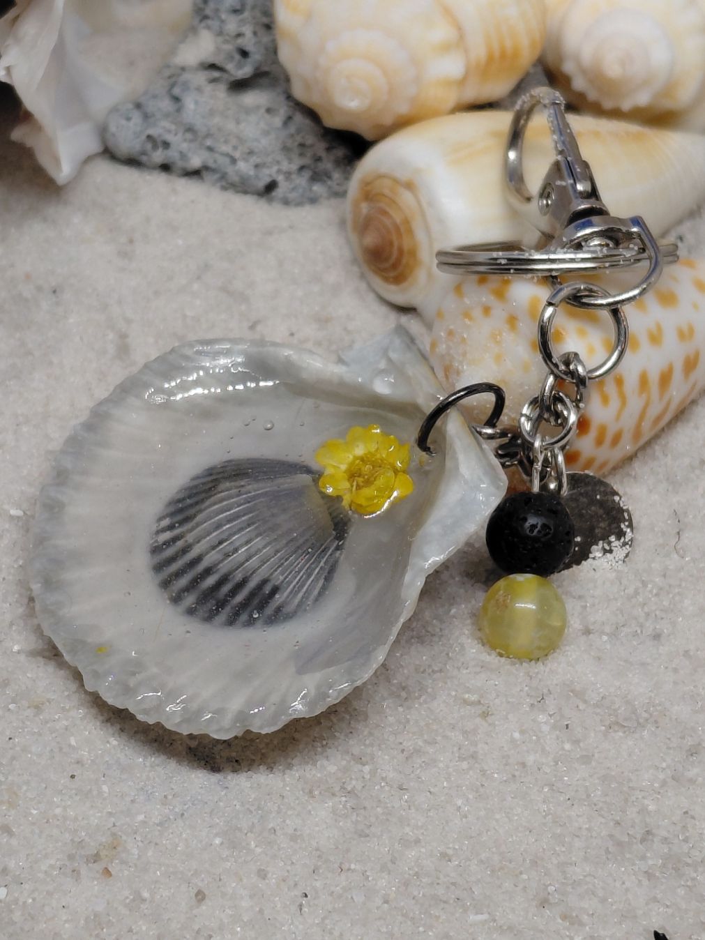 Grey and White Scallop with Black Scallop and Yellow Flower