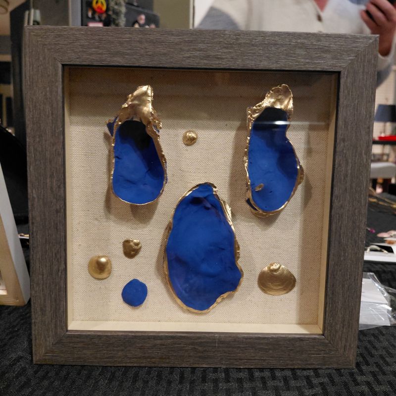 Shadow Box with Painted Oyster Shells in Brown Frame