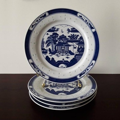 Set of 4 Vintage Blue and White Canton Porcelain Plates