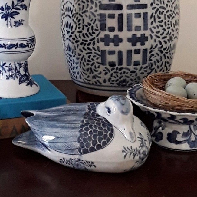 Vintage Maitland-Smith Blue and White Porcelain Duck Figurine