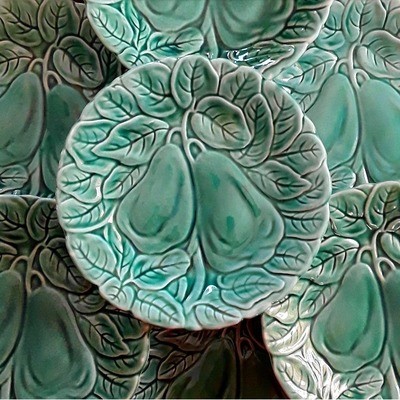 Set of 7 Vintage Green Majolica Pear Plates