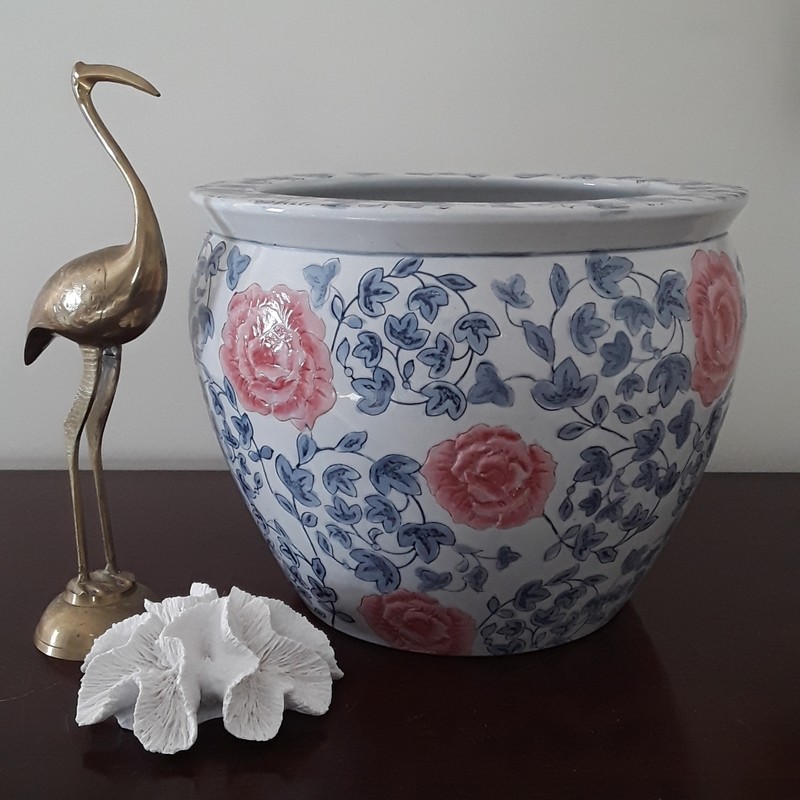 Vintage Blue and White Porcelain Fishbowl Planter