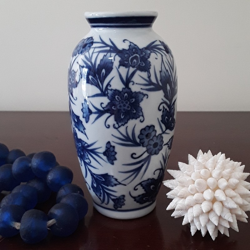 Vintage Blue and White Porcelain Floral Vase