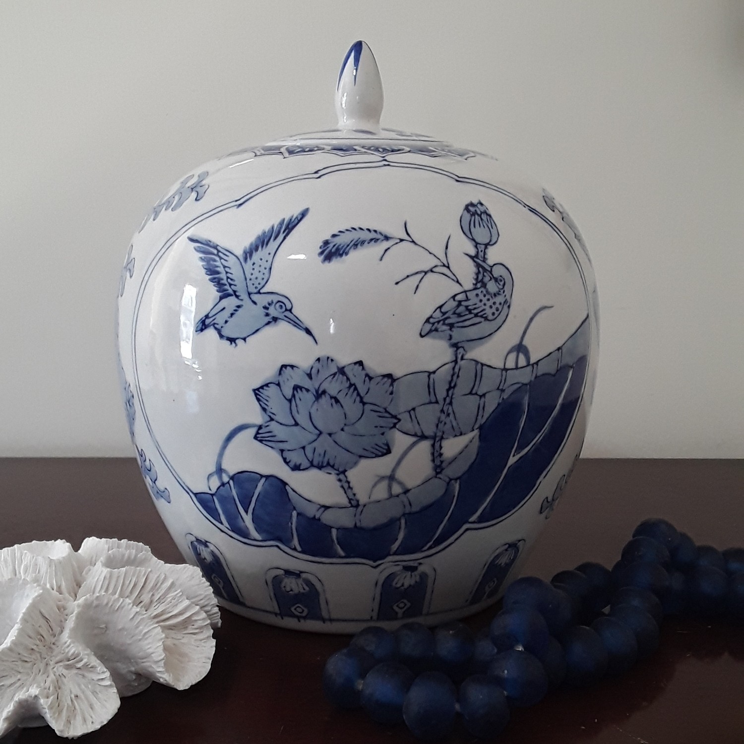 Vintage Blue and White Porcelain Melon Jar with Lid - Bird and Lotus Motif