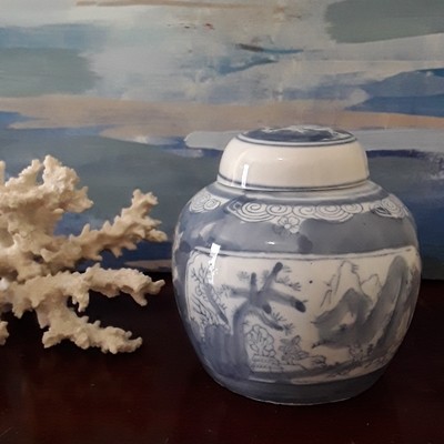Vintage Blue and White Chinese Porcelain Lidded Jar