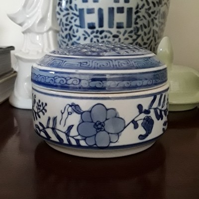 Vintage Blue and White Porcelain Round Trinket Box
