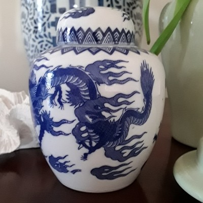 Vintage Blue and White Porcelain Dragon Tea Caddy