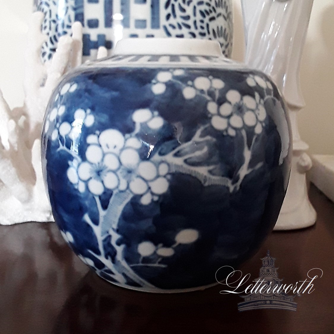 Vintage Blue and White Porcelain Prunus Vase in the Kangxi Style