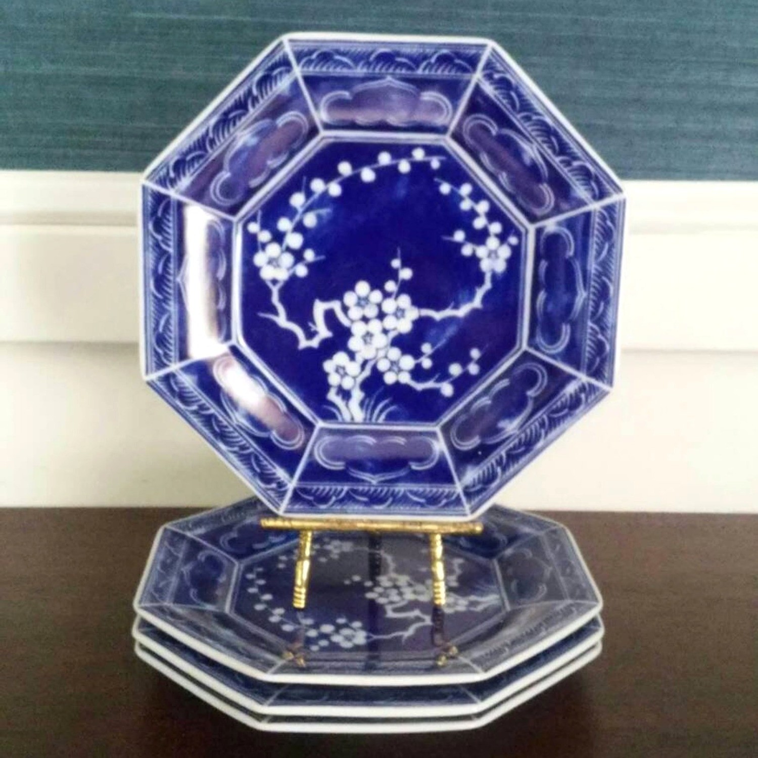 Vintage Mikasa Plum Blossom Blue and White Porcelain Octagonal Luncheon Plates (Set of 4)