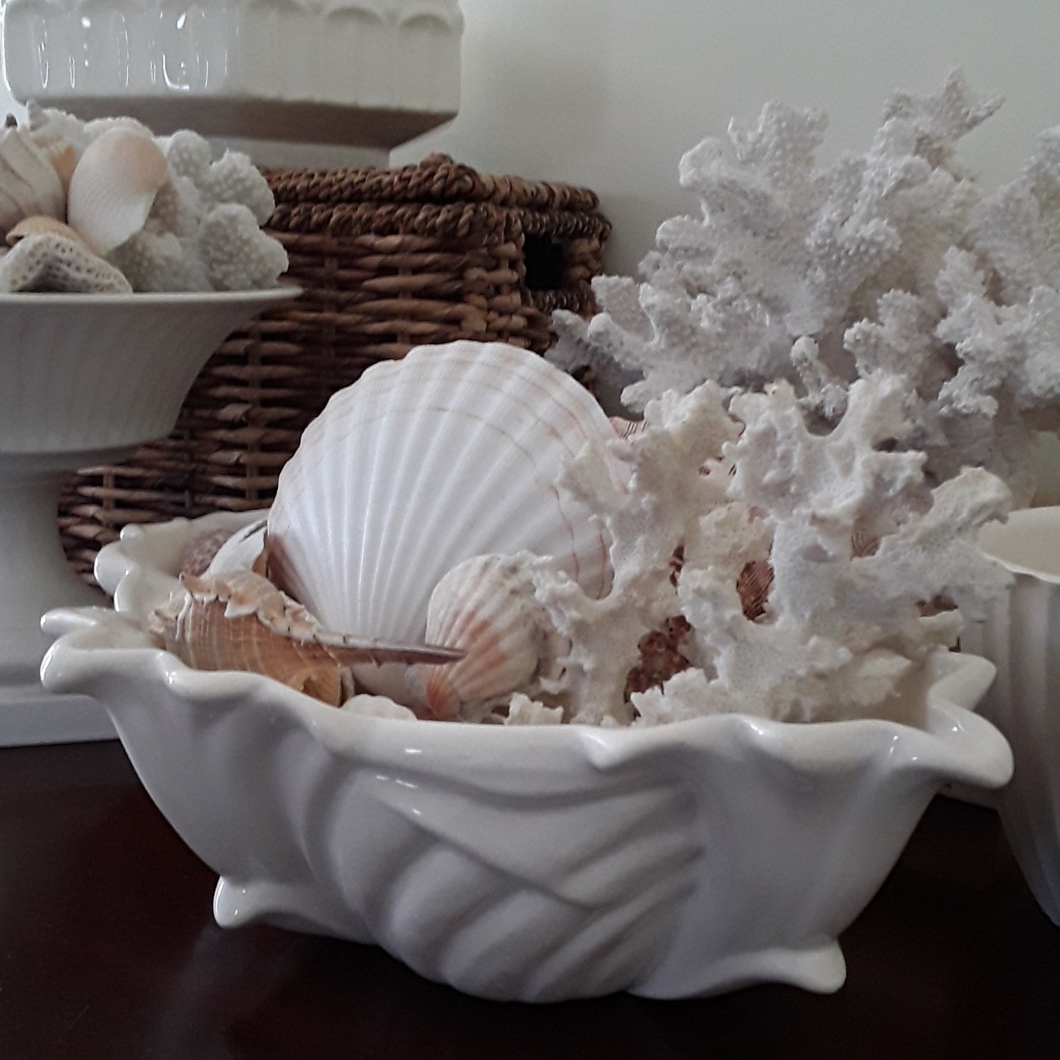 Vintage Cream White Ceramic Scalloped Planter