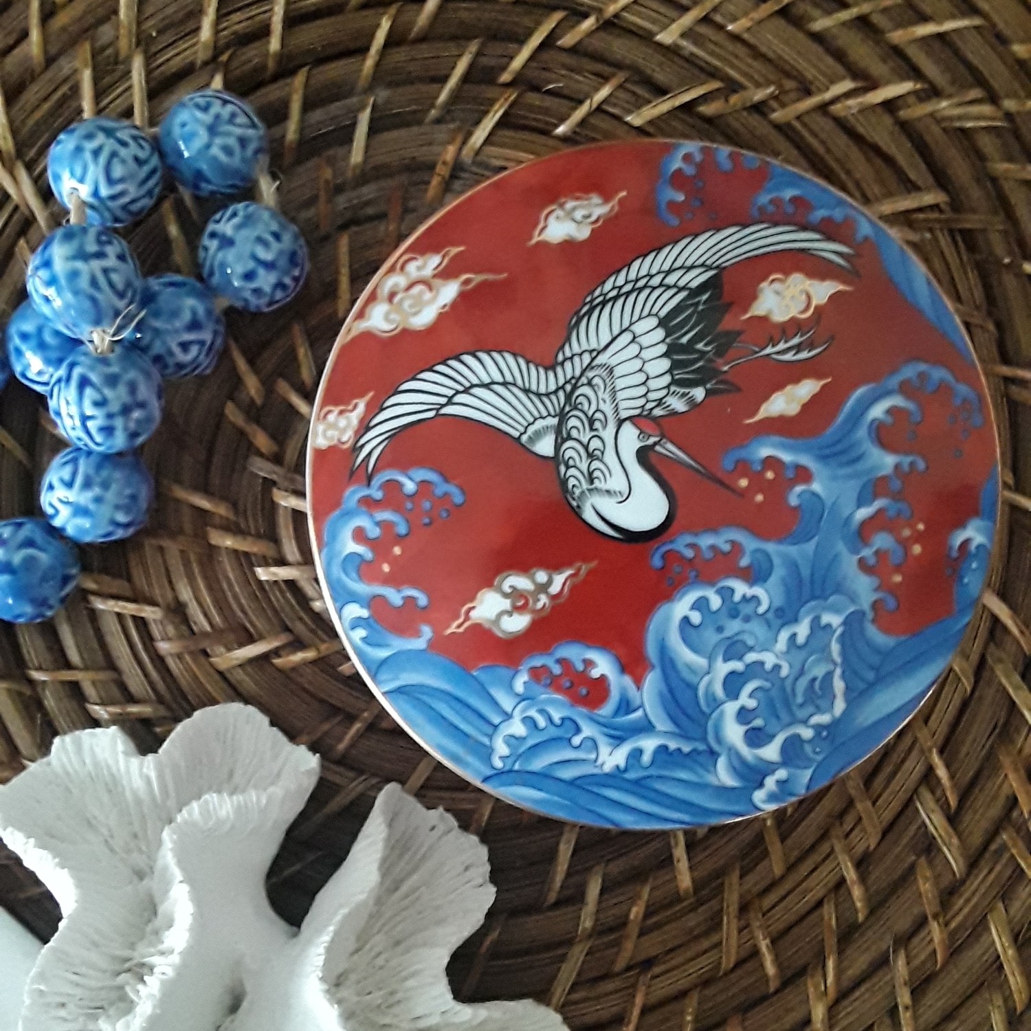 Vintage Japanese Porcelain Trinket Box - Crane and Waves