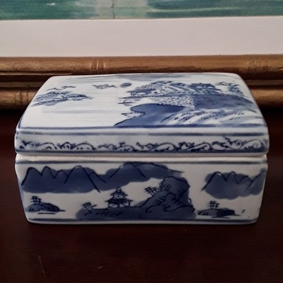 Vintage Rectangular Blue and White Porcelain Trinket Box