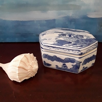 Vintage Hexagonal Blue and White Porcelain Trinket Box