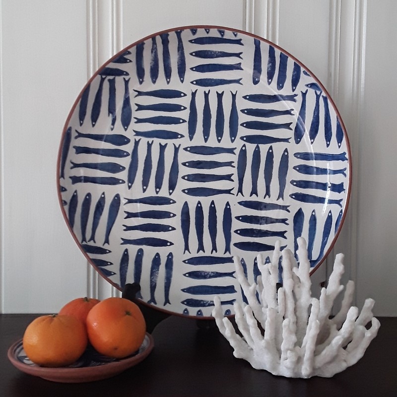 Blue and White Glazed Terra Cotta Fish Platter from Portugal