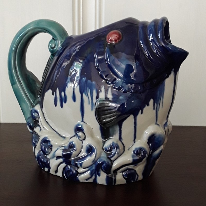 Vintage Hand-Painted Fish Pitcher Art Pottery