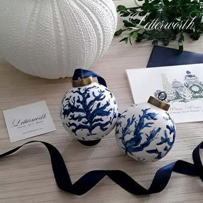 Hand-Painted Blue and White Porcelain Ball Christmas Ornament Sea Coral (Includes Gift Box)