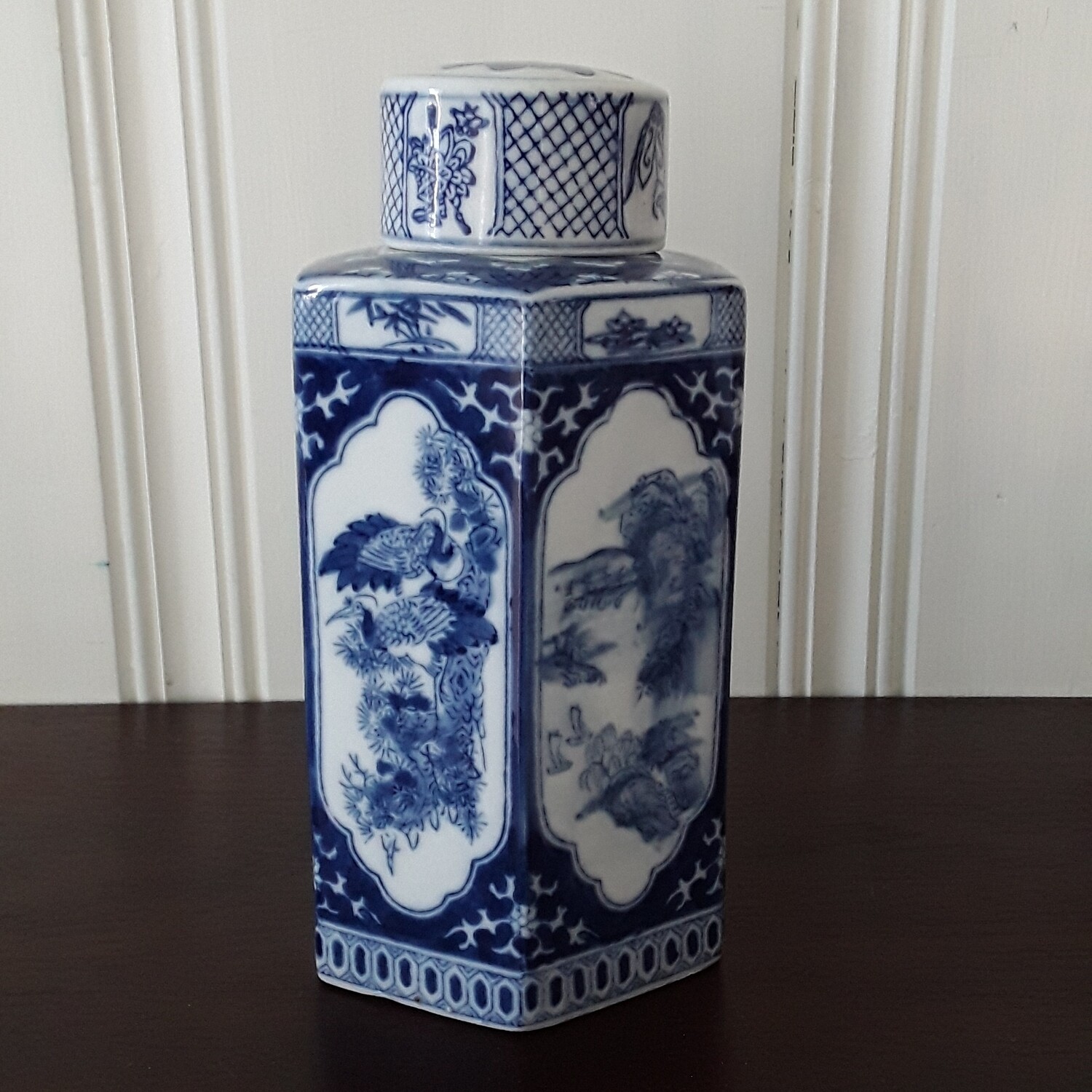 Vintage Blue and White Chinese Porcelain Hexagonal Tea Caddy