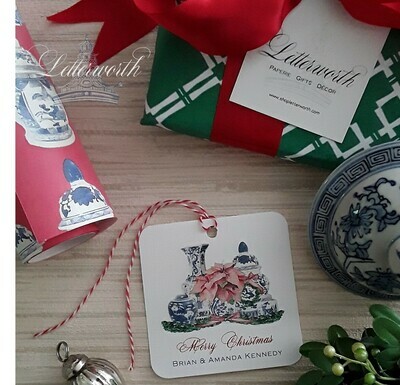 Blue and White Ginger Jar and Poinsettia Watercolor Gift Tags by Letterworth (Set of 12)
