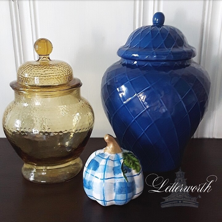 Hand-Painted Blue and White Plaid Porcelain Miniature Pumpkin with Gold Stem by Letterworth