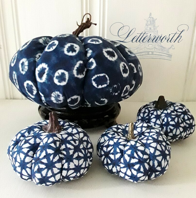Set of 3 Handmade Miniature Blue and White Shibori Fabric Pumpkins by Letterworth