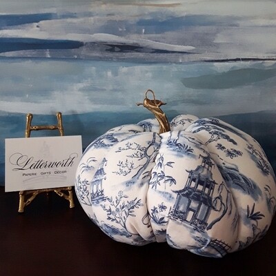 Handmade Blue and White Chinoiserie Pagoda Toile Fabric Pumpkin by Letterworth