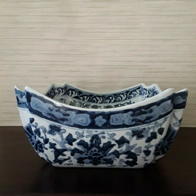 Vintage Blue and White Porcelain Square Cachepot