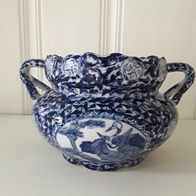 Vintage Blue and White Porcelain Handled Jardiniere