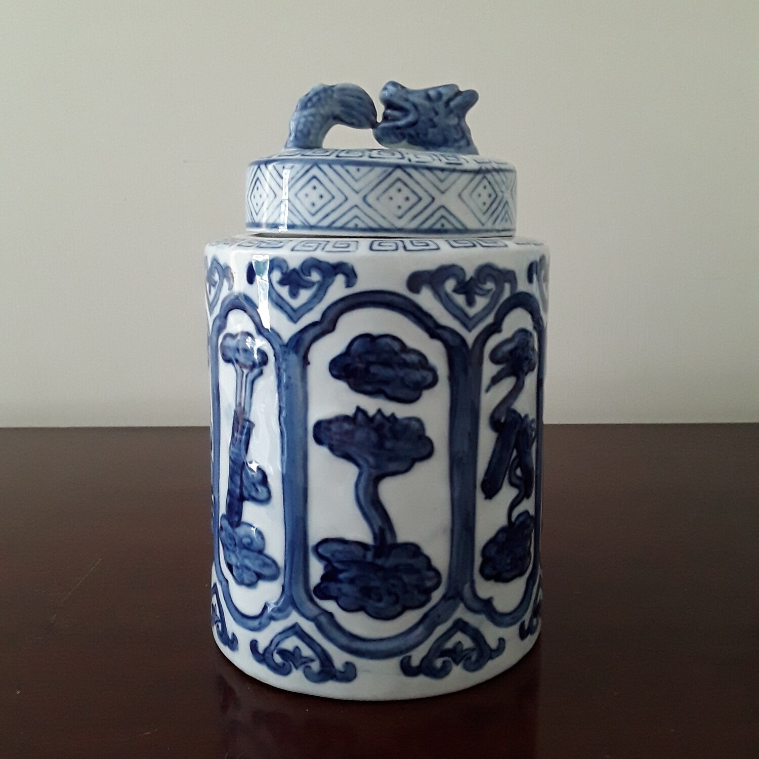 Vintage Blue and White Chinese Porcelain Round Tea Caddy