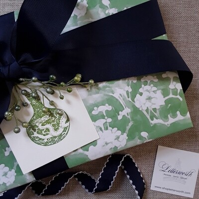 Chinoiserie Green Prunus Blossom  Gift Wrapping Paper by Letterworth
