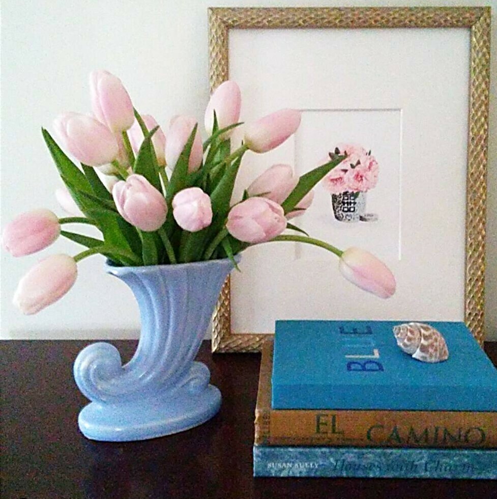 Vintage Blue Ceramic Horn Vase