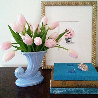Vintage Blue Ceramic Horn Vase