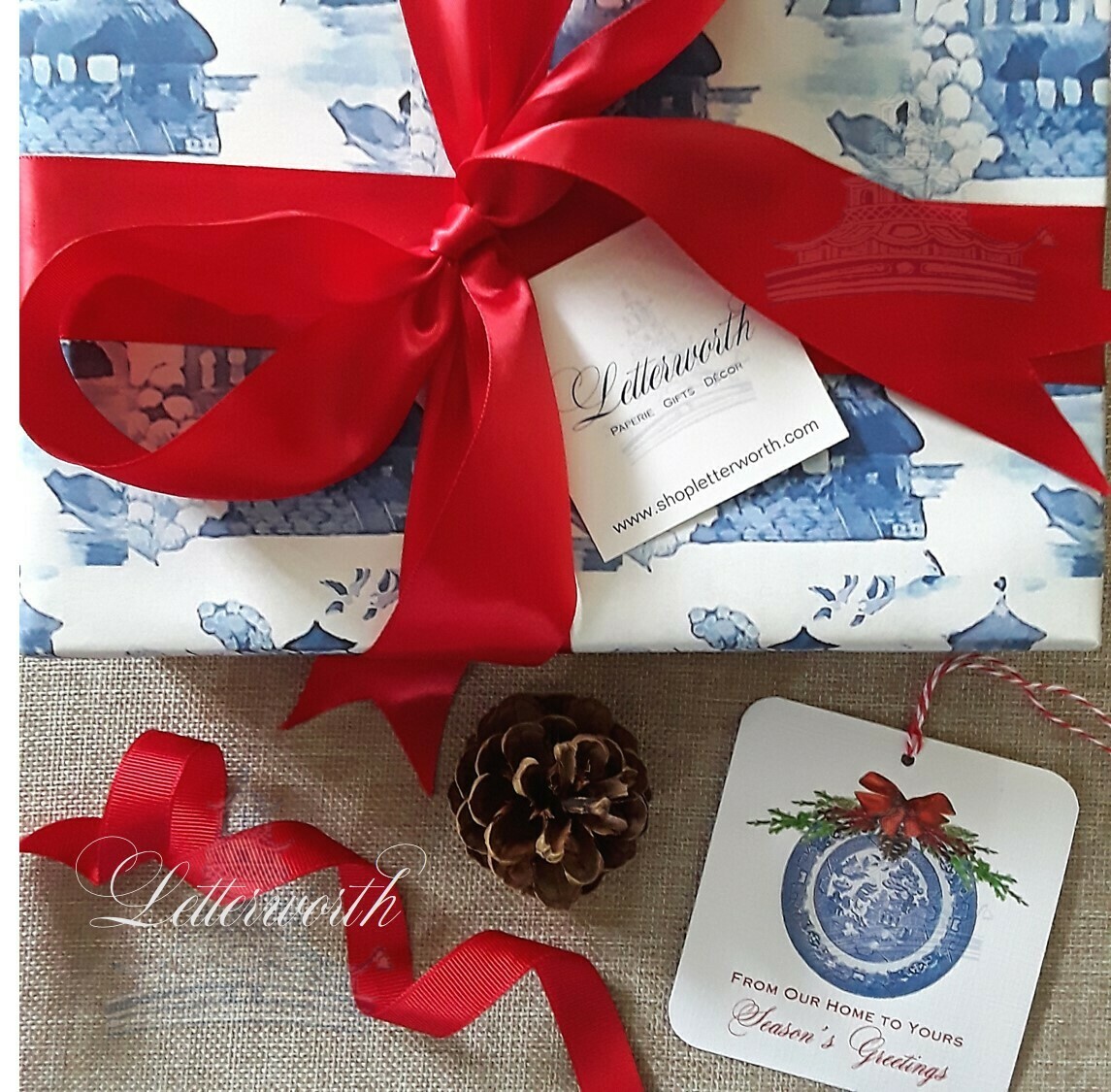 Blue and White Watercolor Willow Toile Gift Wrapping Paper by Letterworth