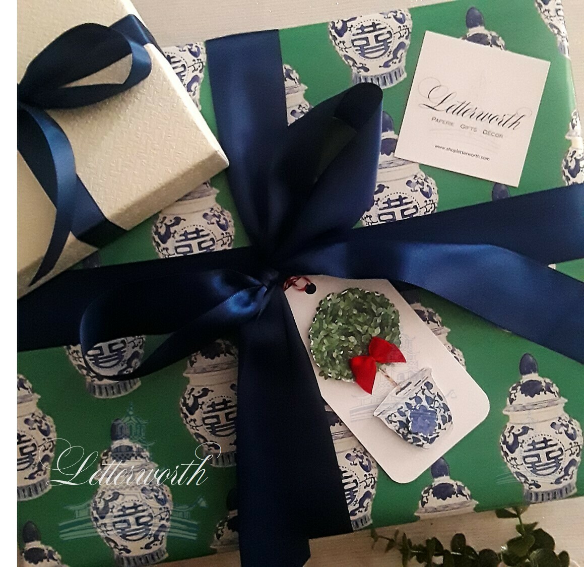Blue and White Chinoiserie Ginger Jar on Kelly Green Gift Wrapping Paper by Letterworth
