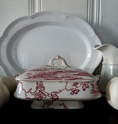 Antique Aesthetic Movement Red Transferware Tureen/Lidded Serving Dish
