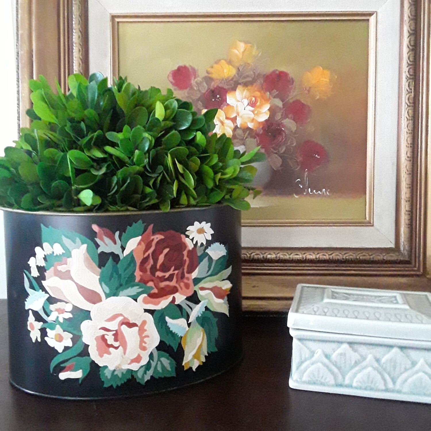 Vintage Tole Paint-by-Numbers Floral Cachepot