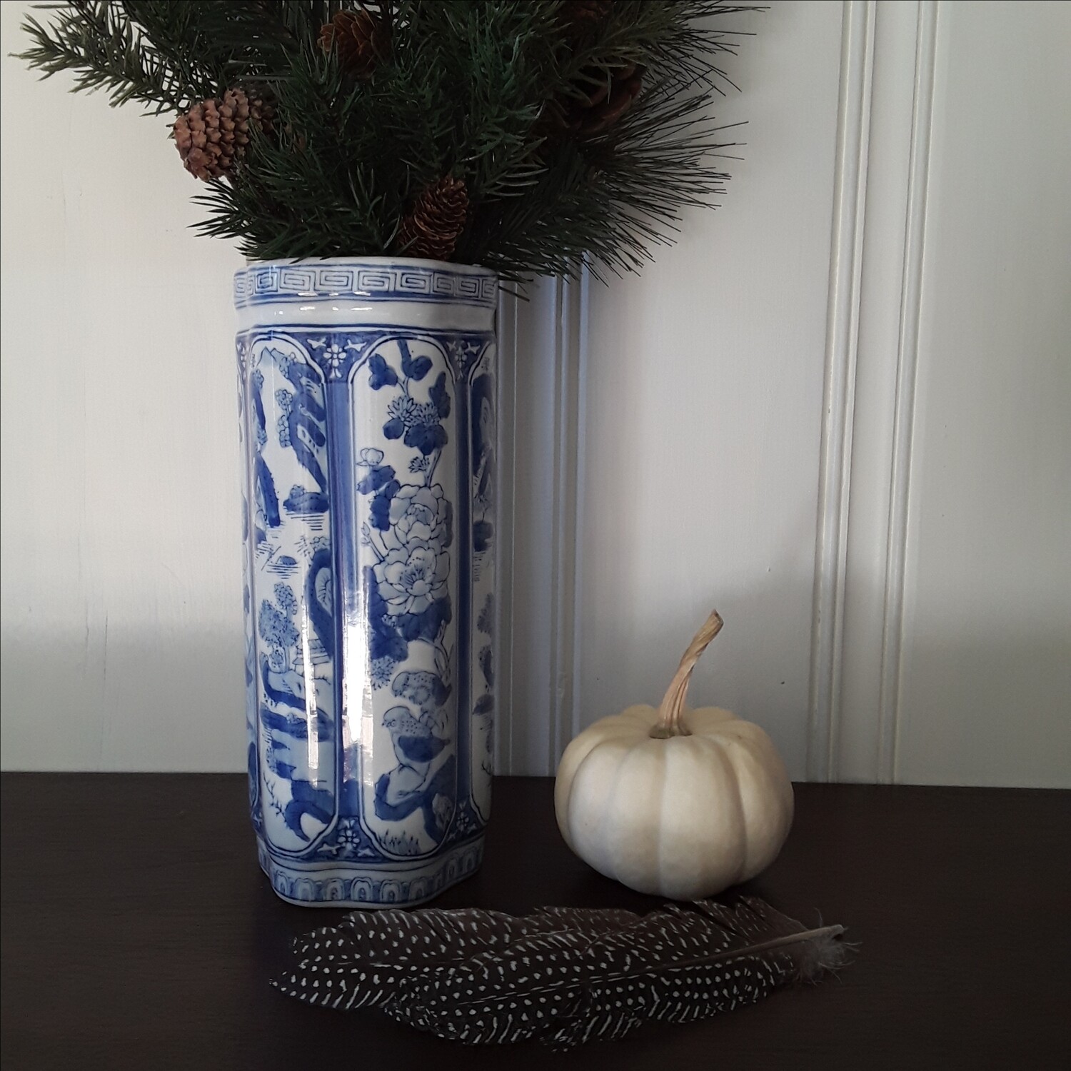 Vintage Blue and White Porcelain Column Vase