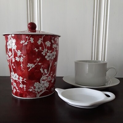 Vintage Red and White Prunus Blossom English Lidded Tea Tin