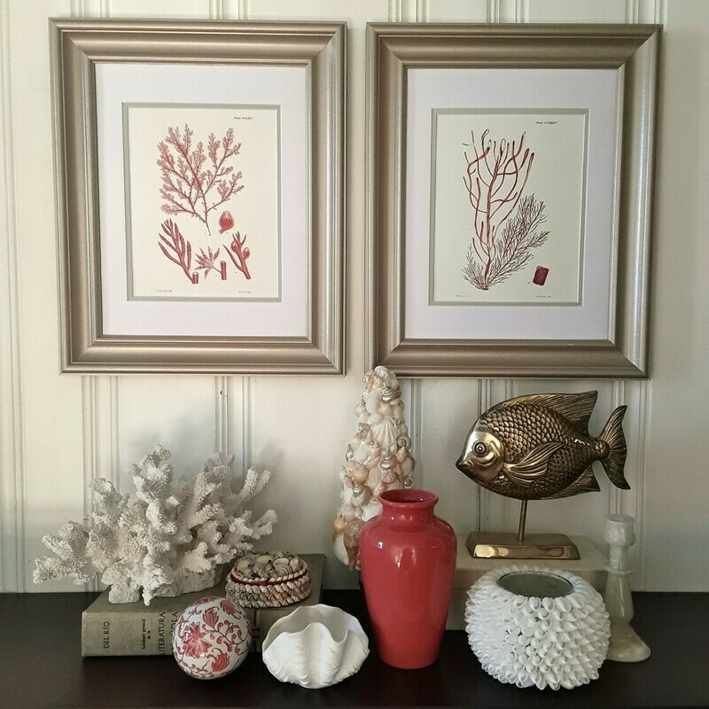 Set of 2 Matted and Framed Vintage Red Coral Prints